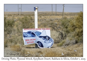 2025-10-01#2864 Driving Photo, Plywood Wreck, Kyzylkum Desert, Bukhara to Khiva, Uzbekistan